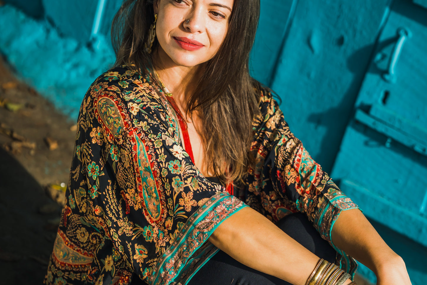 black colorful patterned kimono, blouse, cover-up, light jacket