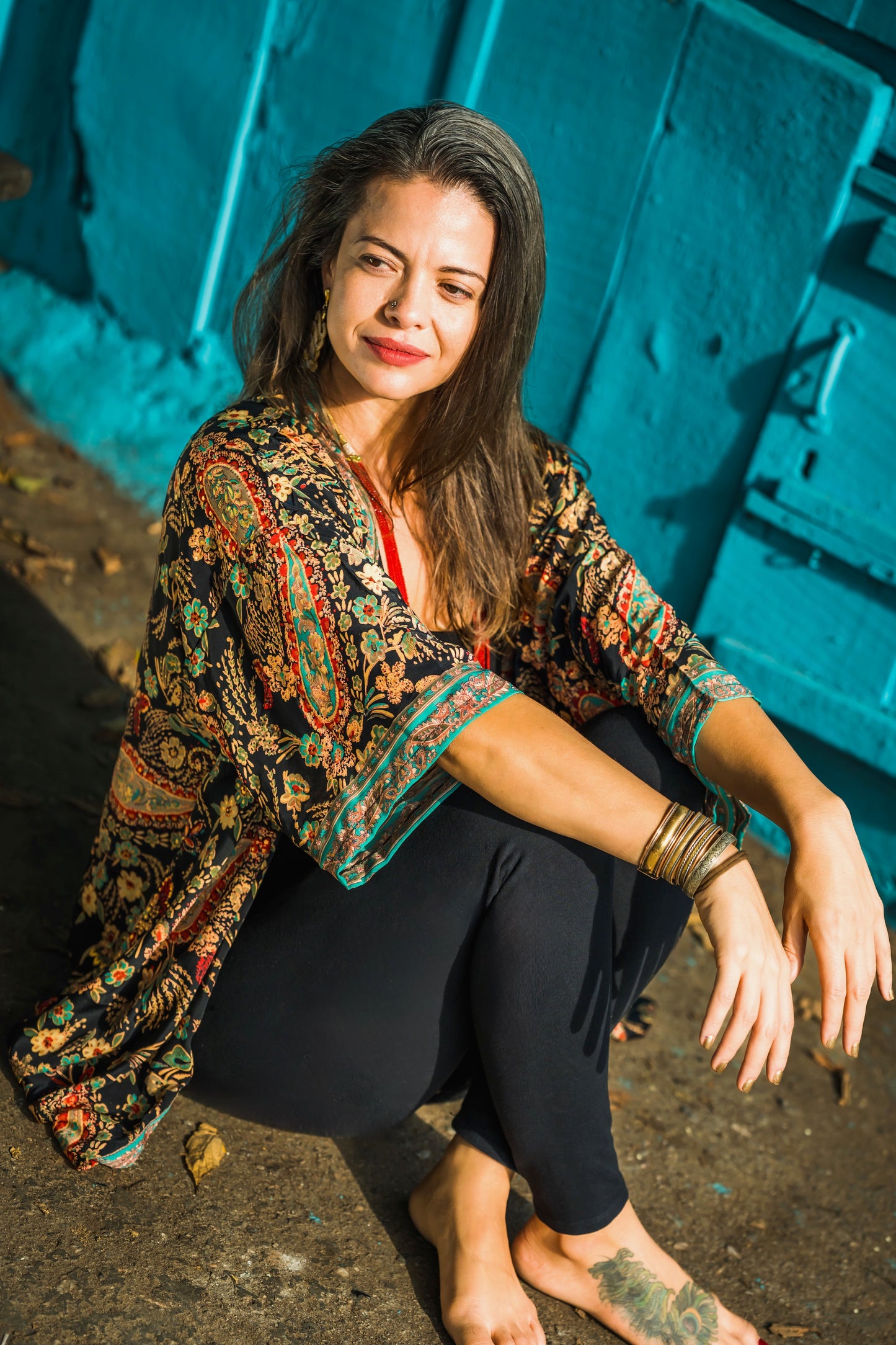 black colorful patterned kimono, blouse, cover-up, light jacket