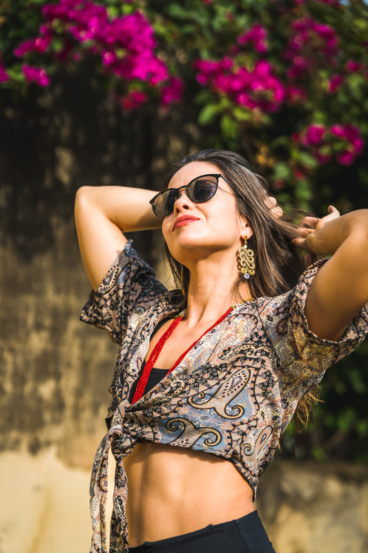 kurzer Kimono zum Binden, Bluse, Sommerbluse, Überwurf, grau schwarz beige gemustert