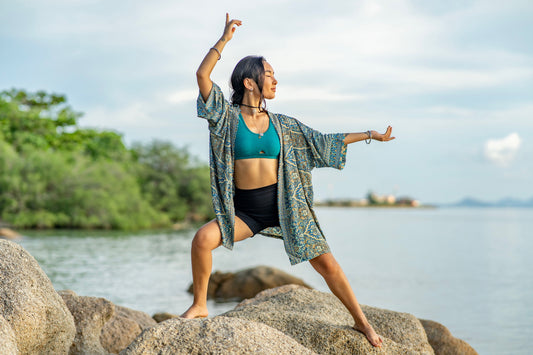 blue patterned kimono, blouse, cover-up, light jacket