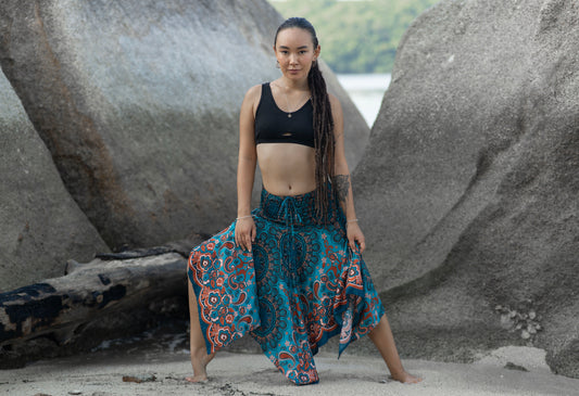 türkis orange gemusterter Rock mit Fransen, Sommerkleid, Elfenkleid, Zipfelrock, Fransenrock