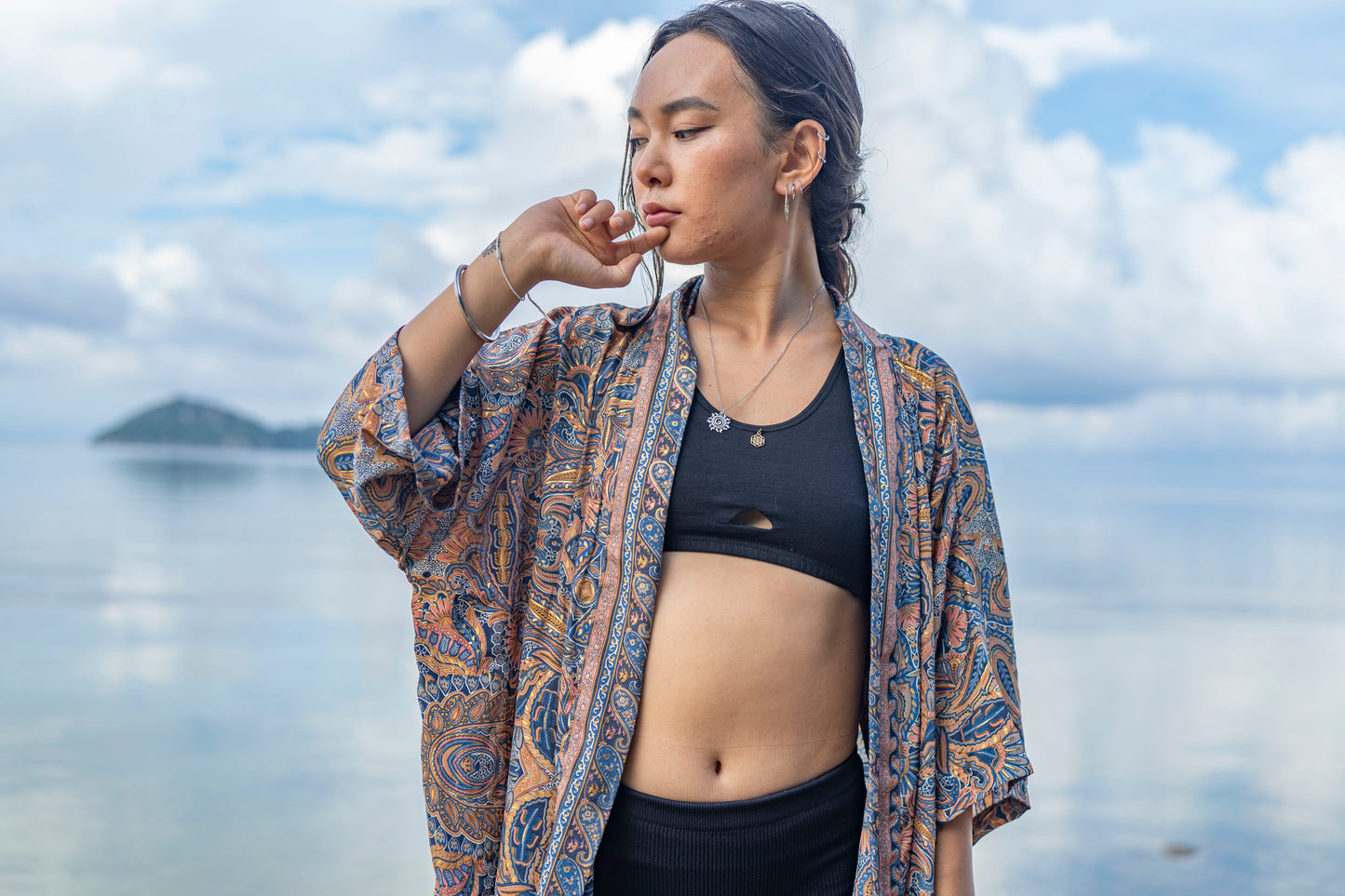 blau orange gemusterter Kimono, Bluse, Überwurf, leichte Jacke