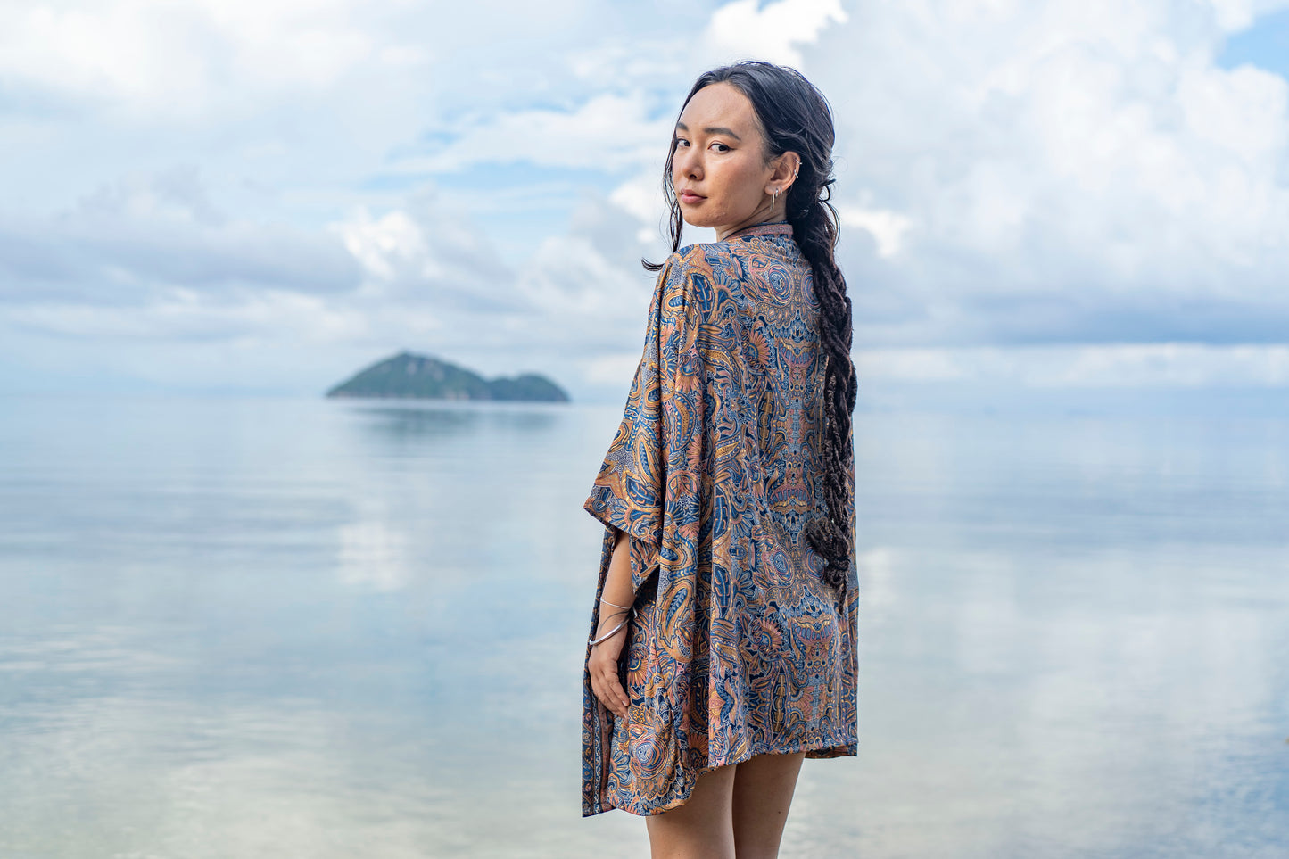 blau orange gemusterter Kimono, Bluse, Überwurf, leichte Jacke
