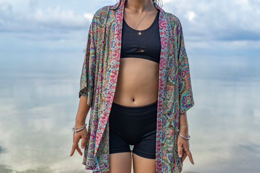 colorful patterned kimono, blouse, throw, light jacket in green, pink and light blue