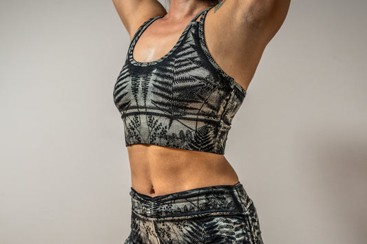 Yoga top with the pattern of the flower of life olive green