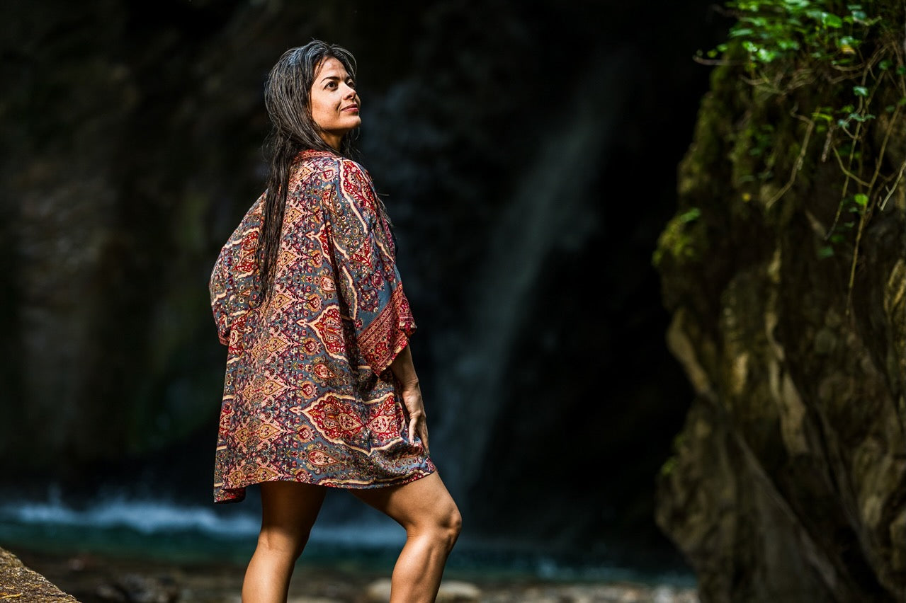 rot rosa gold gemusterter Kimono, Bluse, Überwurf, leichte Jacke