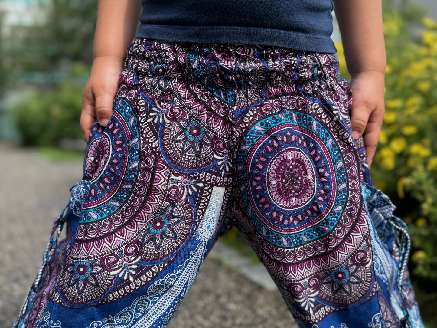 blue pink patterned harem pants for children