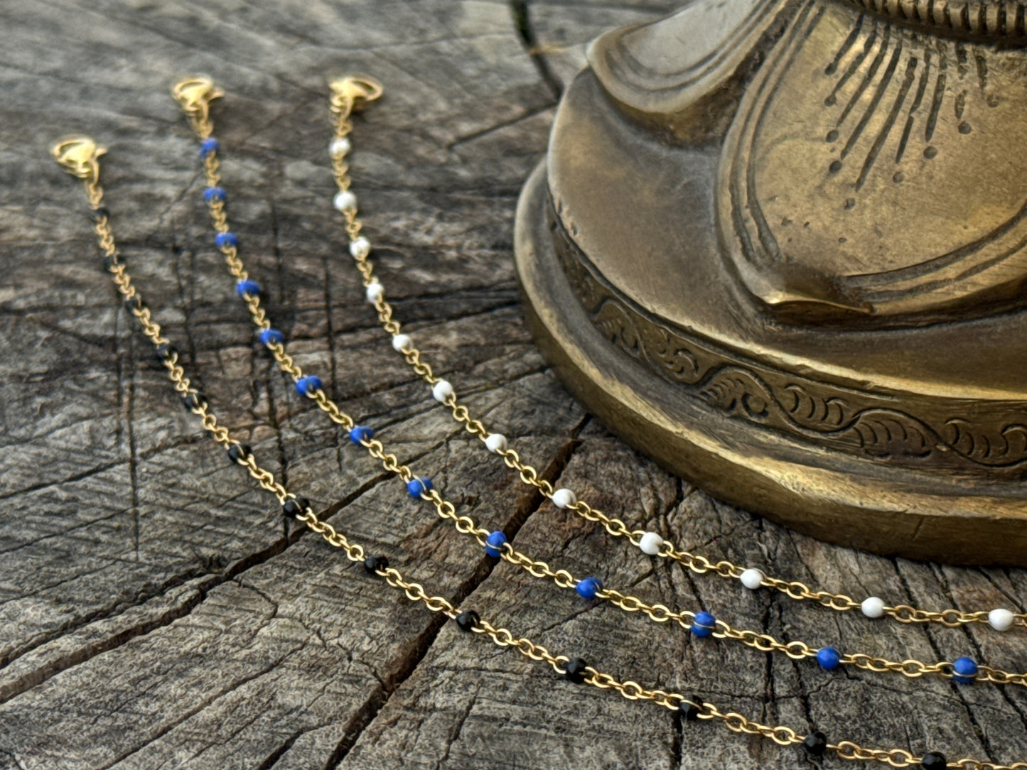 double row anklet made of colored beads and spirals