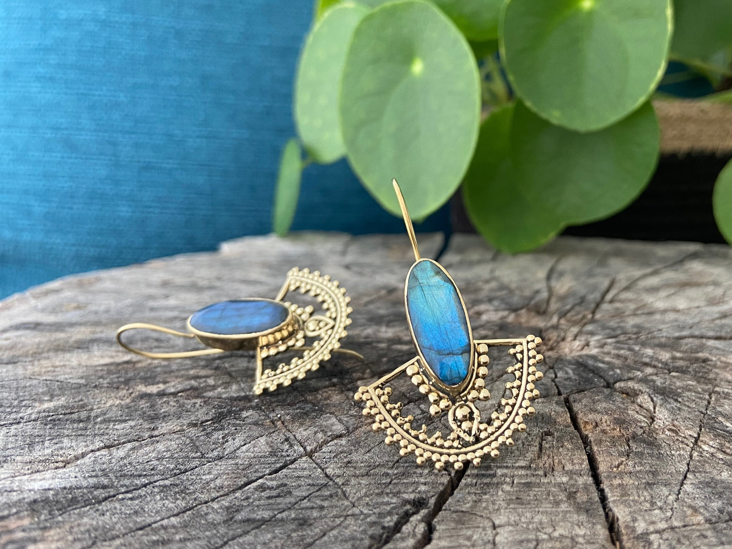large brass earrings with labradorite stone