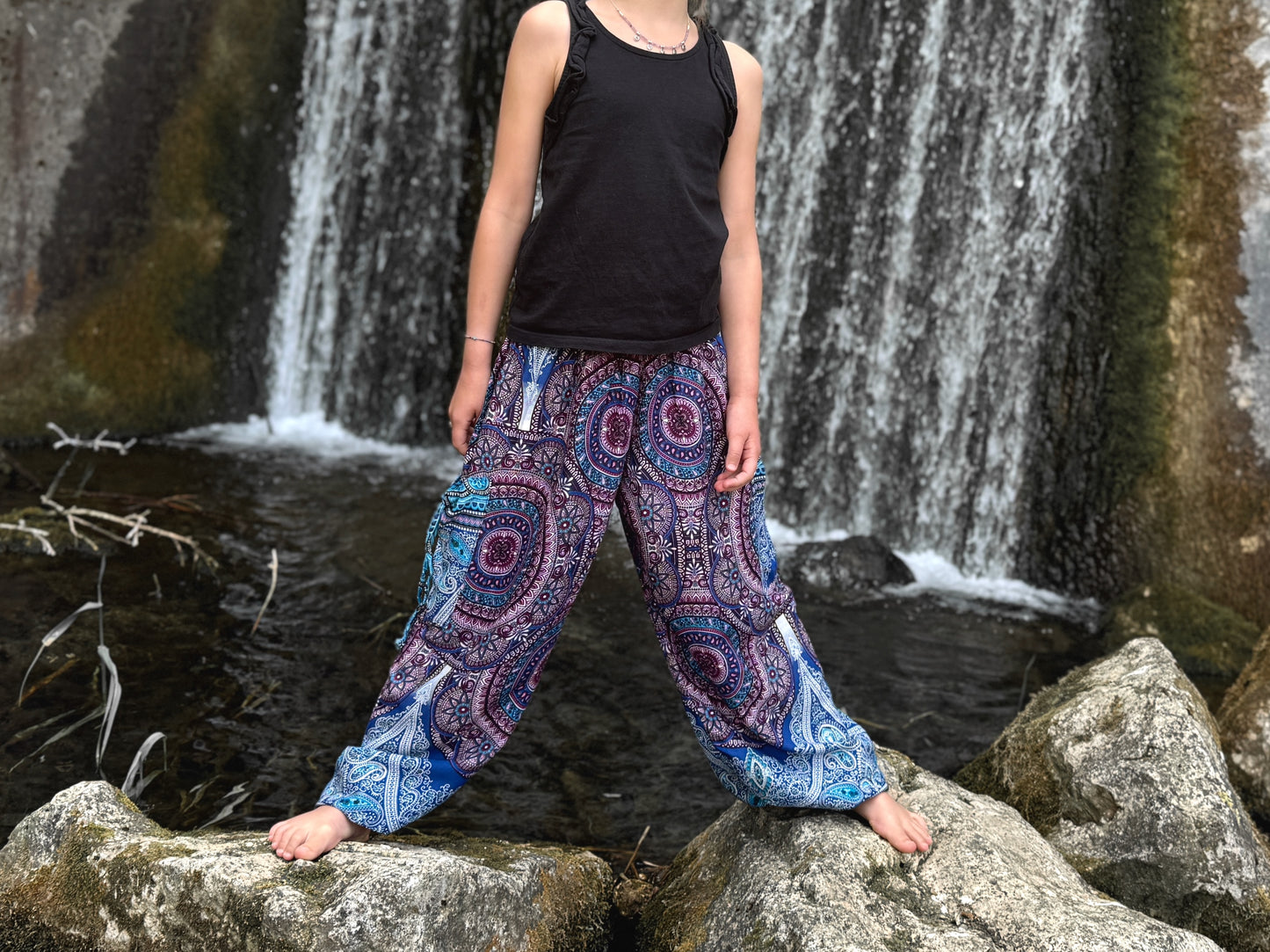 blue pink patterned harem pants for children