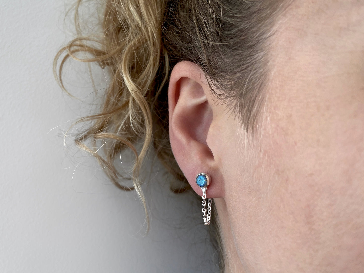 small silver stud earrings with labradorite stone and chain