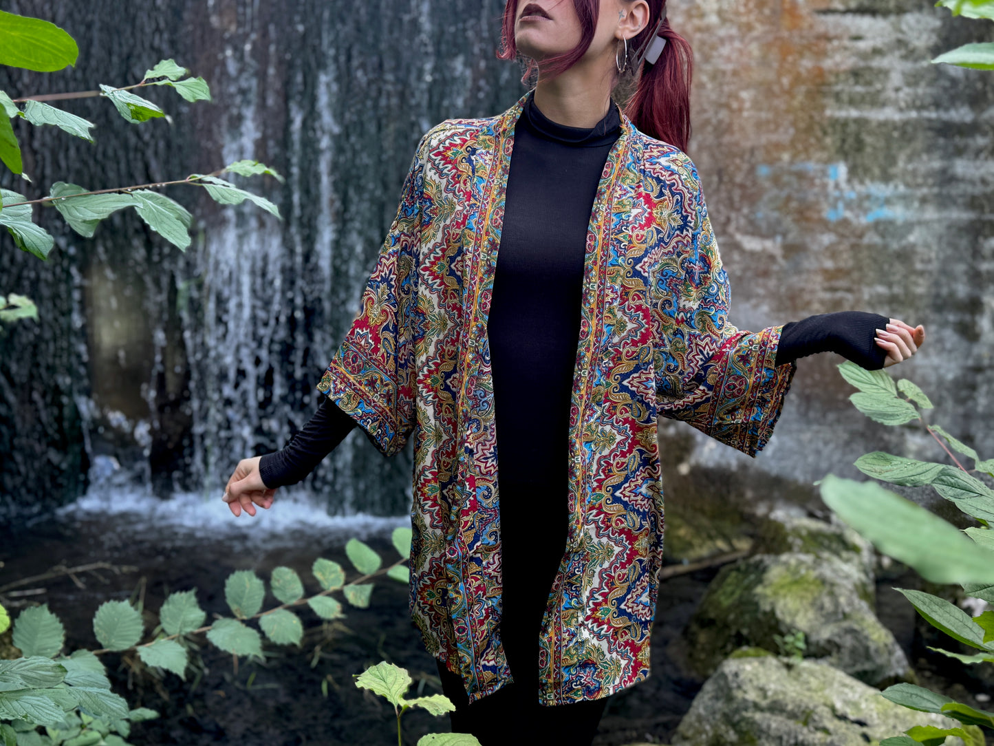 blue orange patterned kimono, blouse, cover-up, light jacket