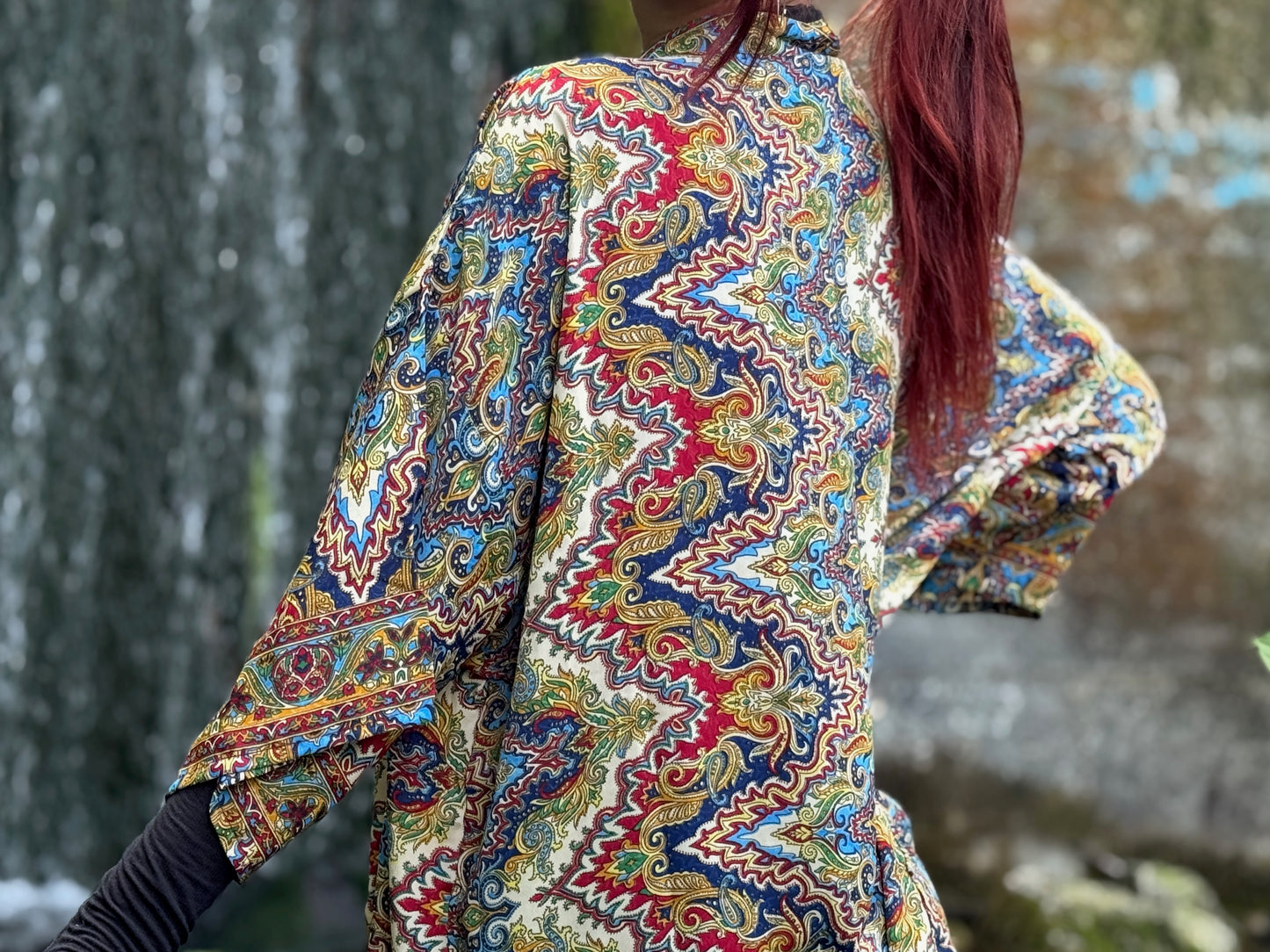 blue orange patterned kimono, blouse, cover-up, light jacket