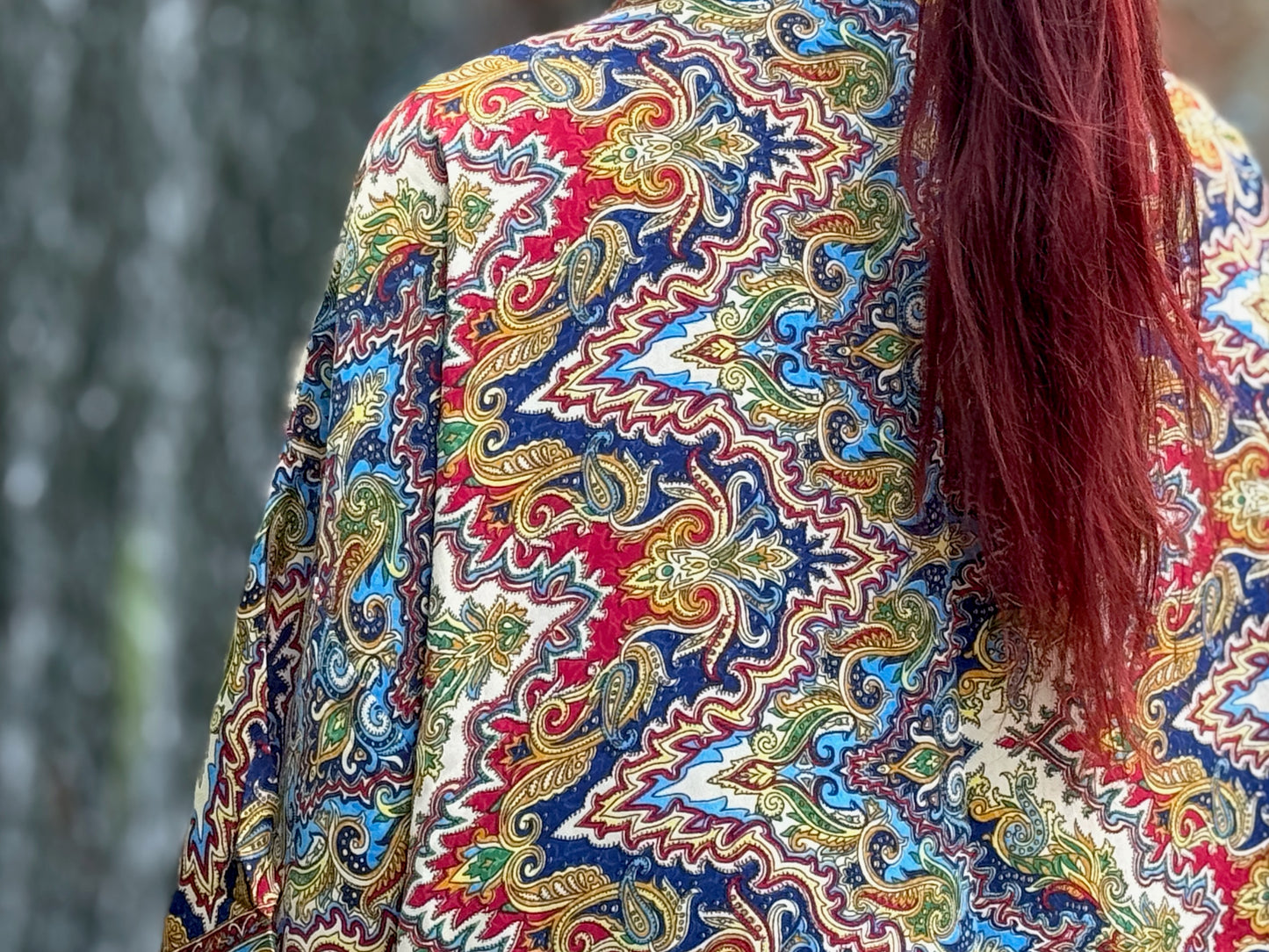 blue orange patterned kimono, blouse, cover-up, light jacket