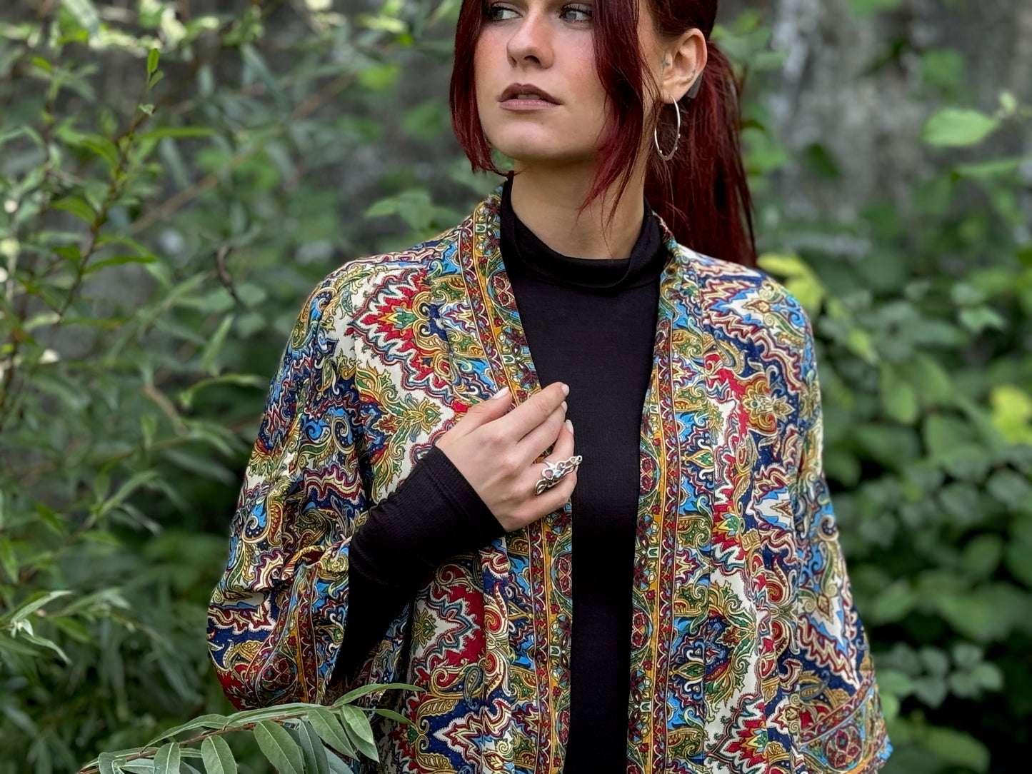 blue orange patterned kimono, blouse, cover-up, light jacket