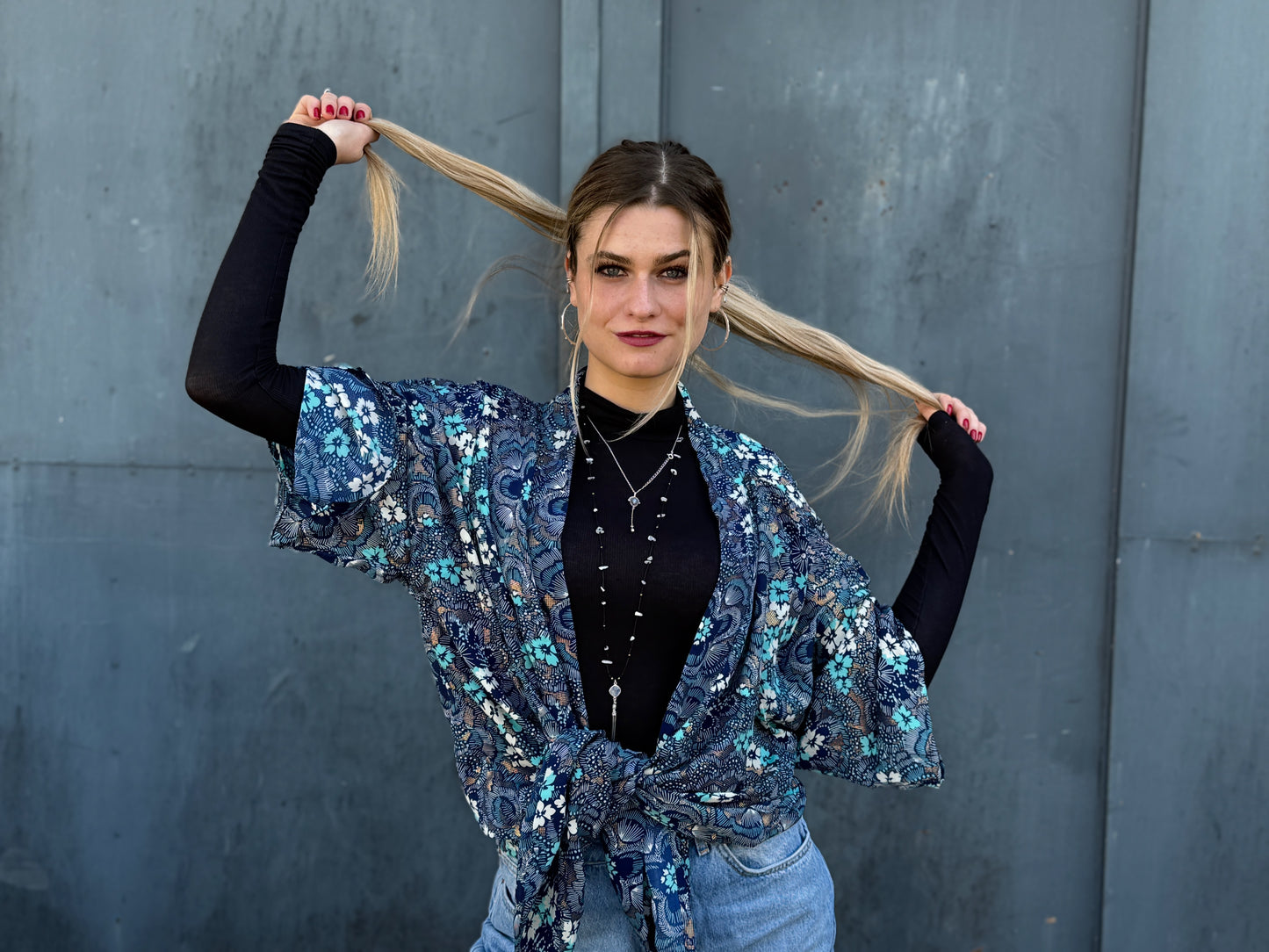 blue orange patterned kimono, blouse, cover-up, light jacket