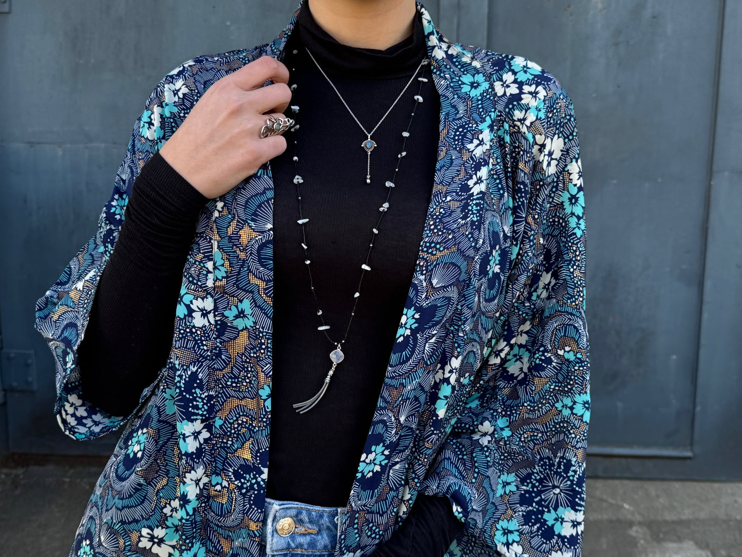 blue orange patterned kimono, blouse, cover-up, light jacket