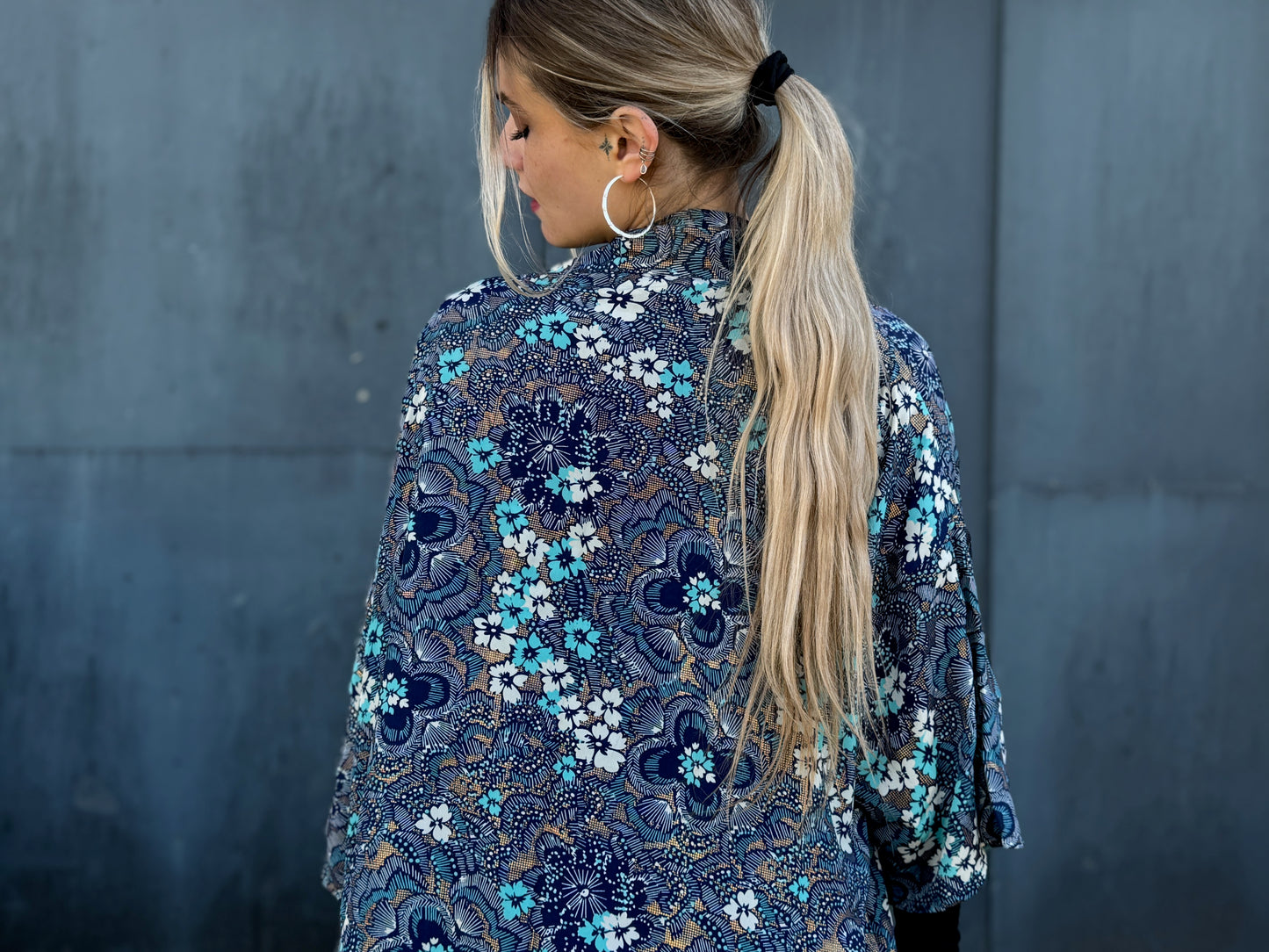 blue orange patterned kimono, blouse, cover-up, light jacket