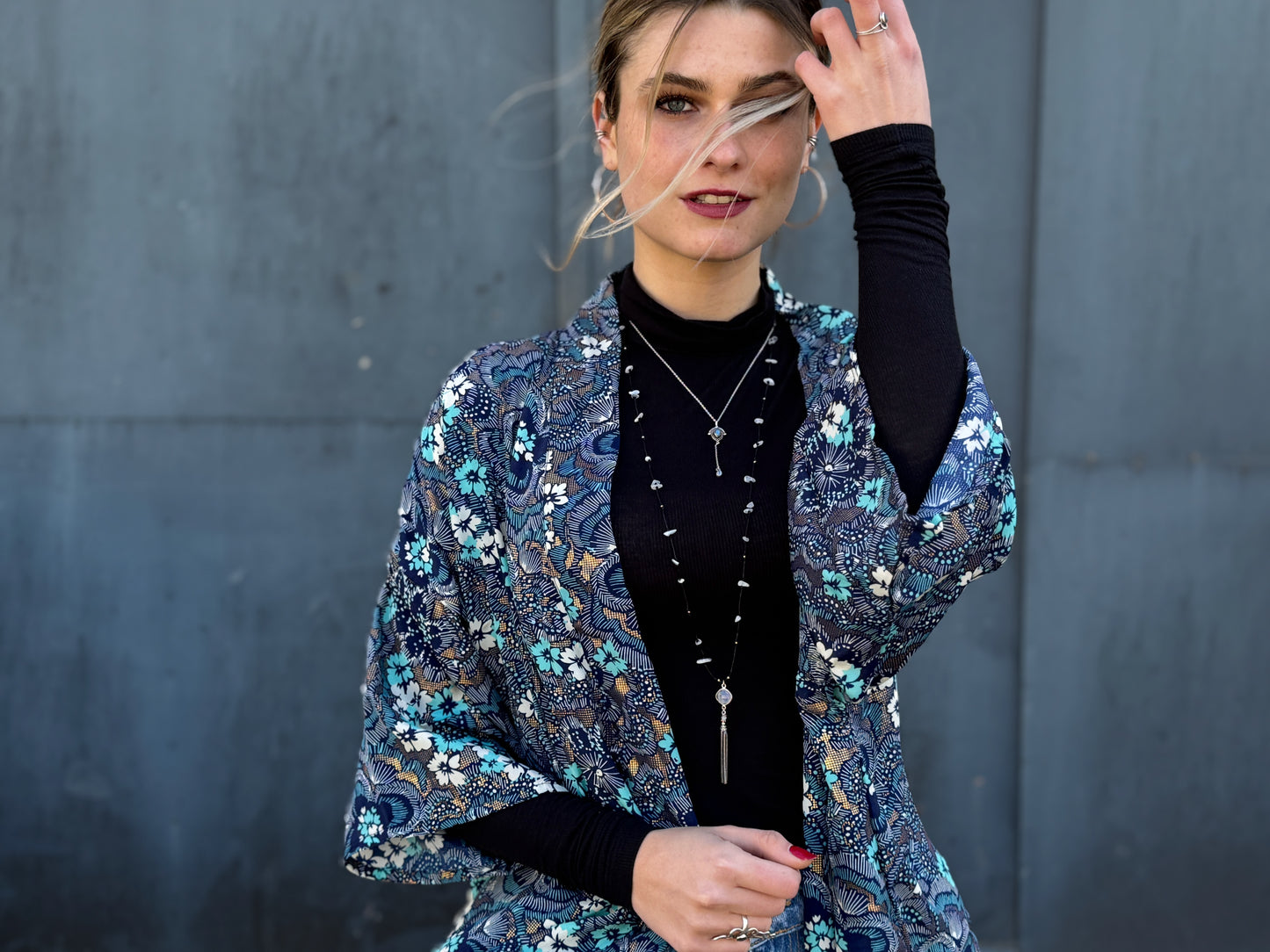 blue orange patterned kimono, blouse, cover-up, light jacket