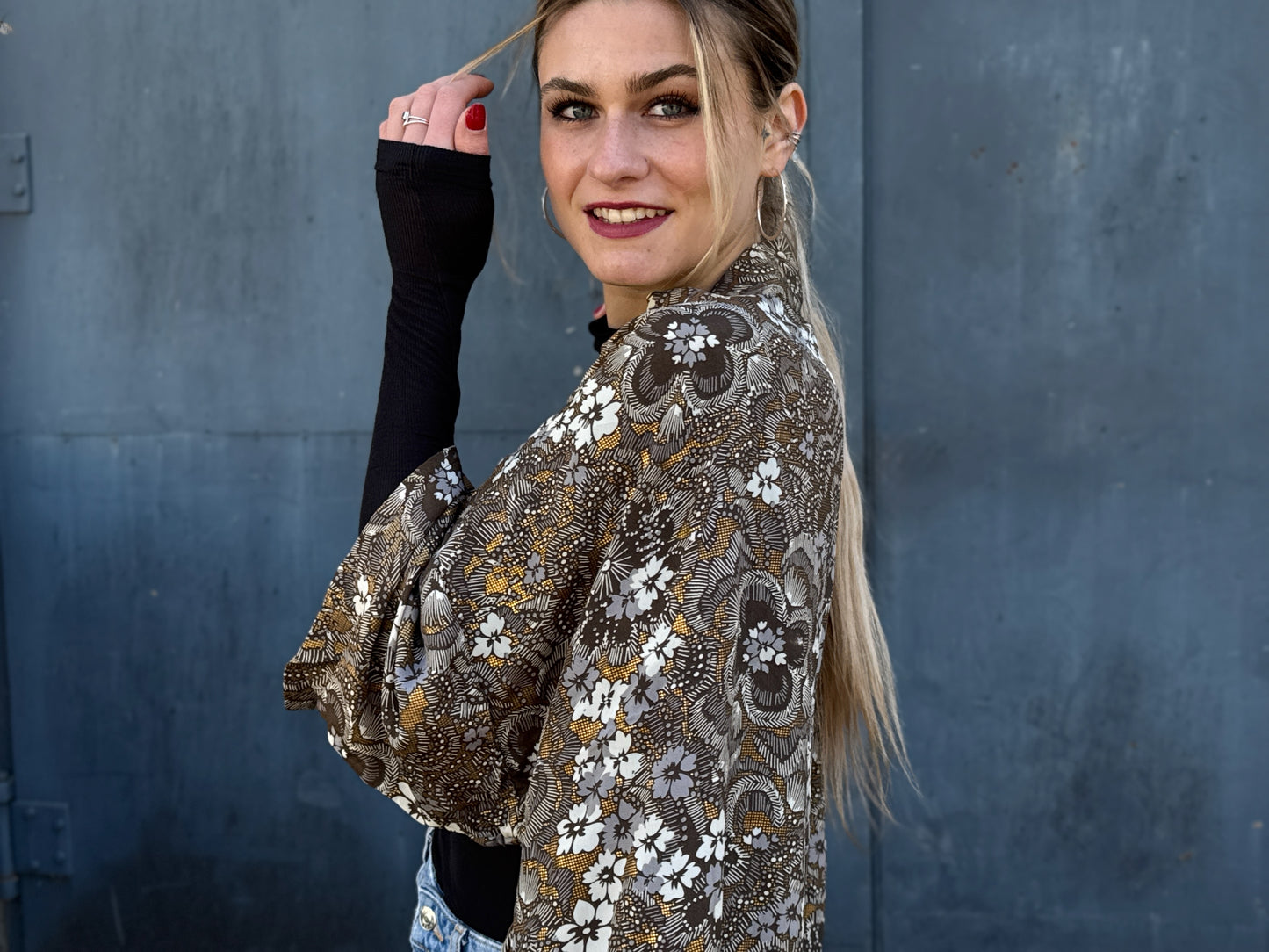 blue orange patterned kimono, blouse, cover-up, light jacket