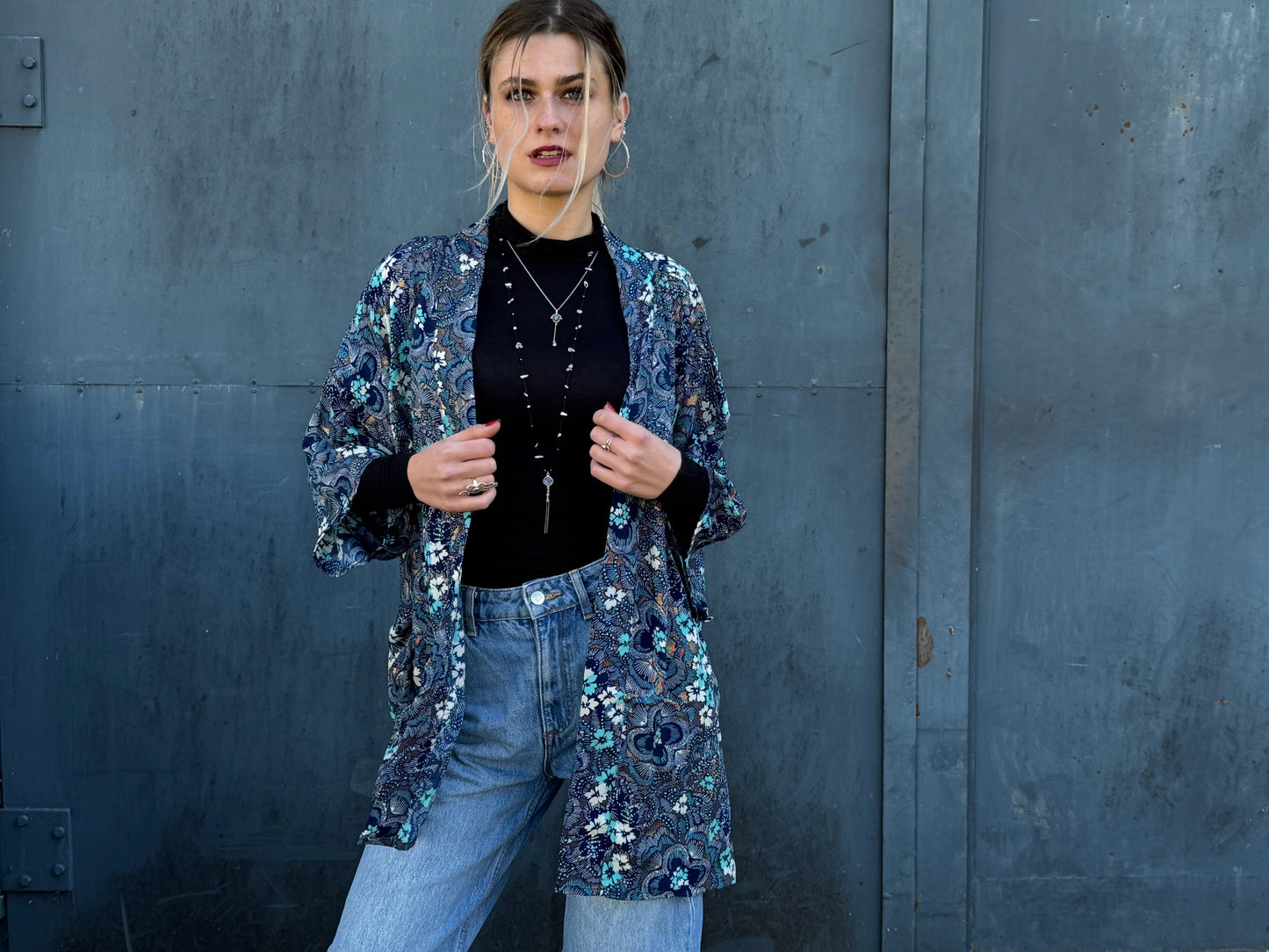 blue orange patterned kimono, blouse, cover-up, light jacket
