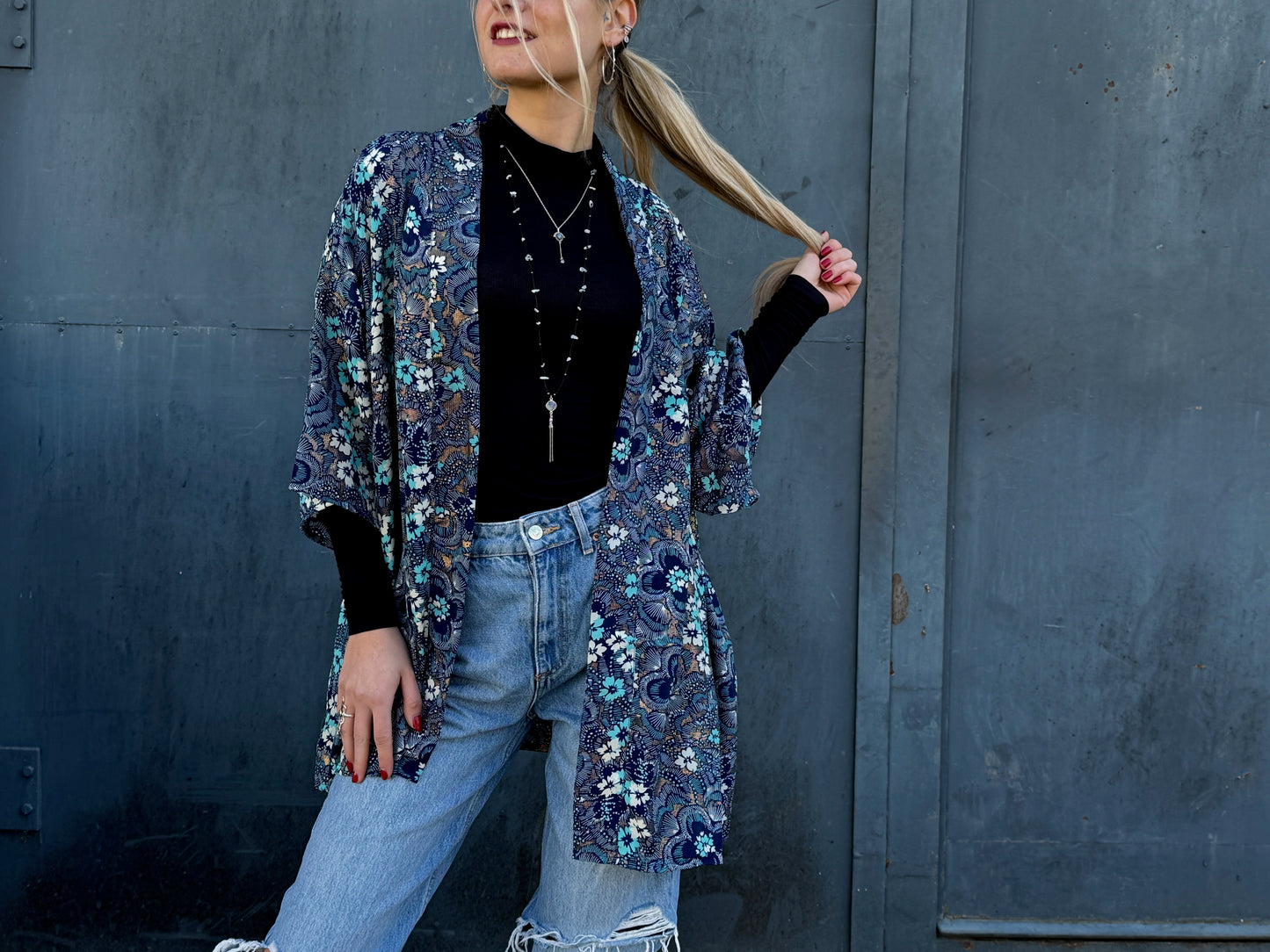 blue orange patterned kimono, blouse, cover-up, light jacket