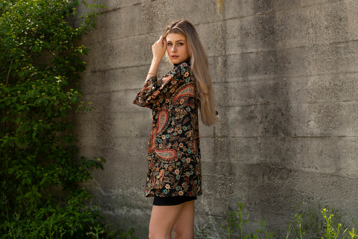 black colorful patterned kimono, blouse, cover-up, light jacket