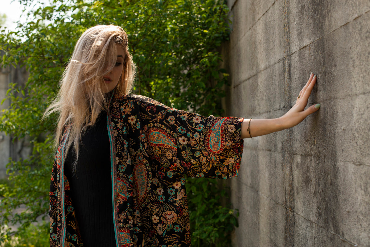 black colorful patterned kimono, blouse, cover-up, light jacket