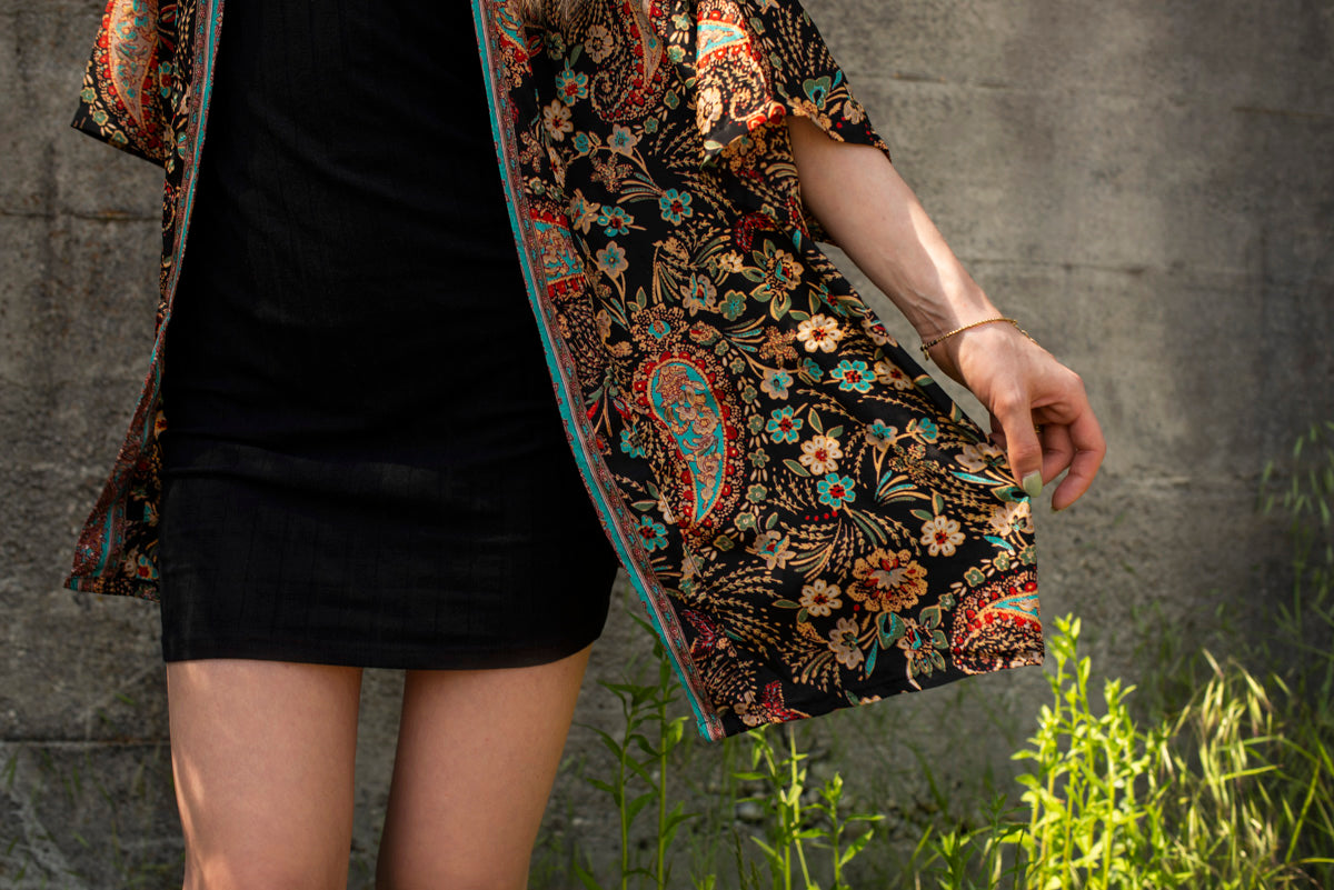 black colorful patterned kimono, blouse, cover-up, light jacket