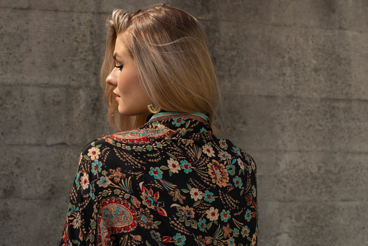 black colorful patterned kimono, blouse, cover-up, light jacket