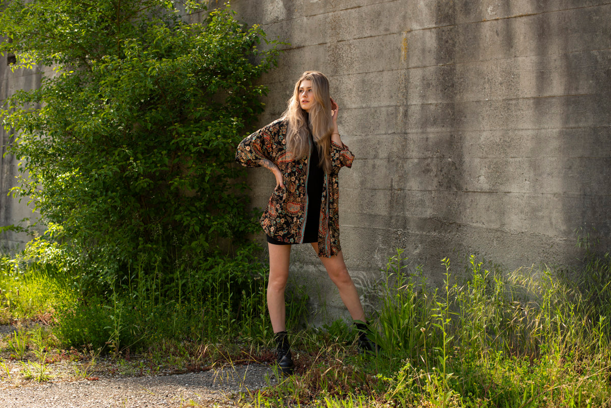 black colorful patterned kimono, blouse, cover-up, light jacket
