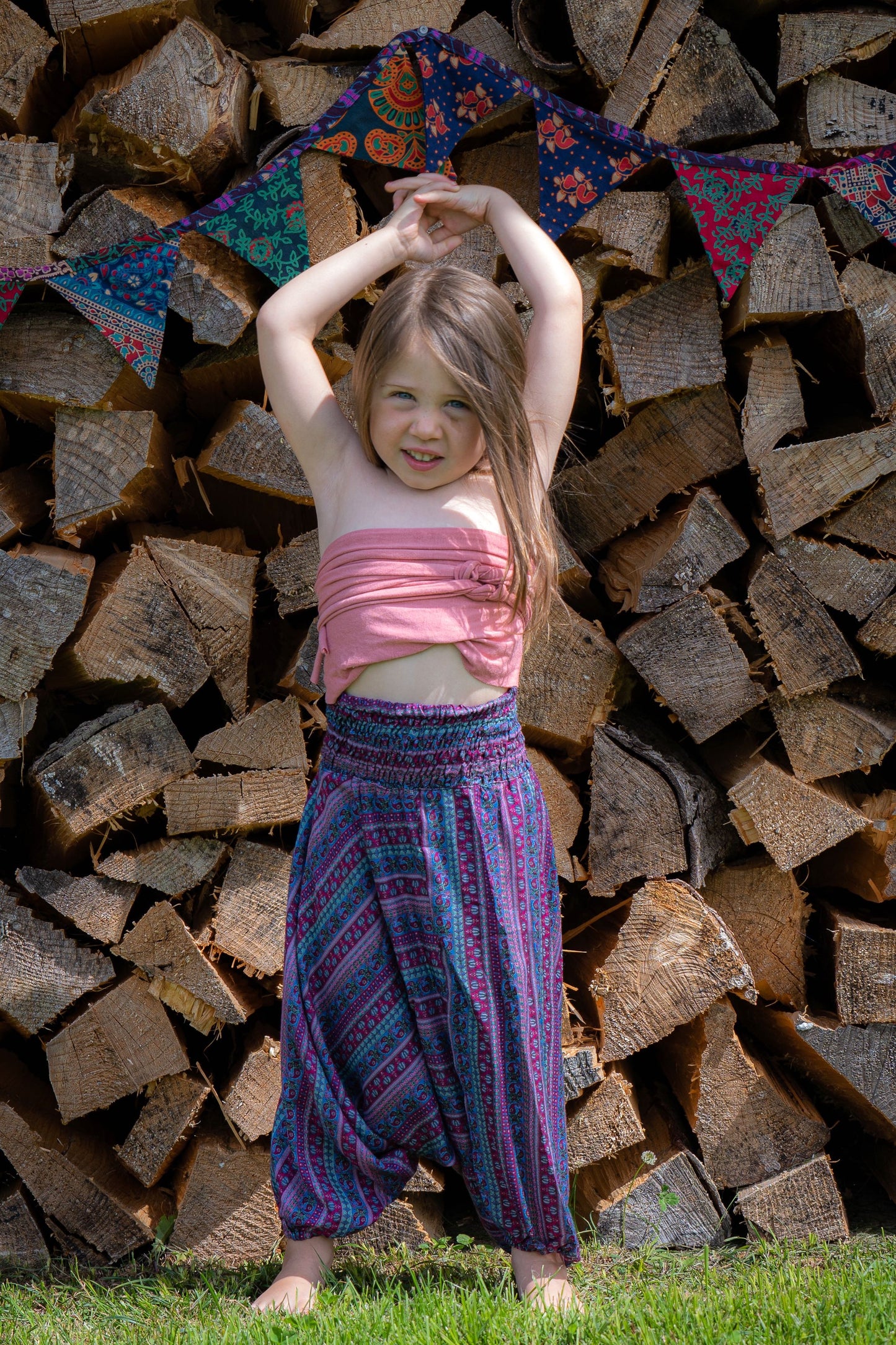 purple, pink, blue striped Alibaba pants for kids