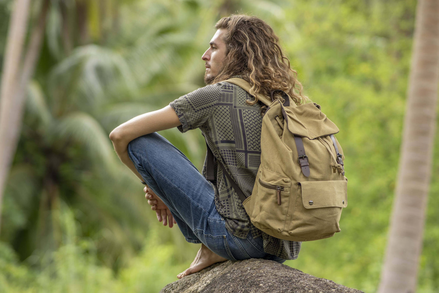 grosser lässiger Canvas Rucksack mit Riemen in beige