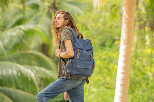 large casual canvas backpack with straps in blue