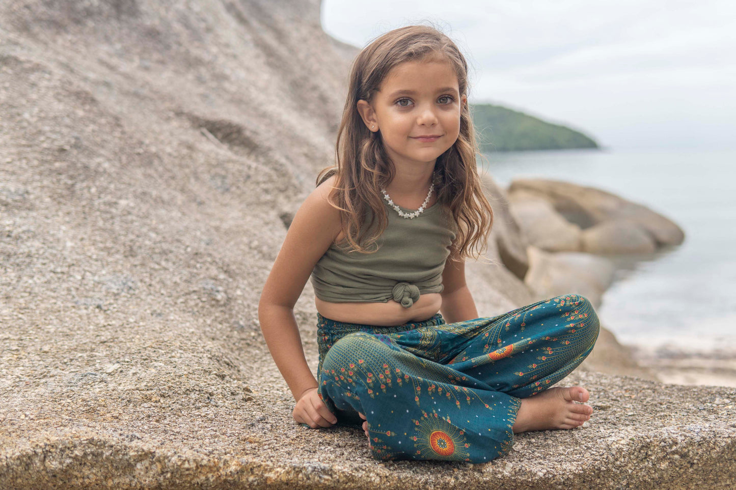 turquoise orange patterned harem pants with peacock pattern for children