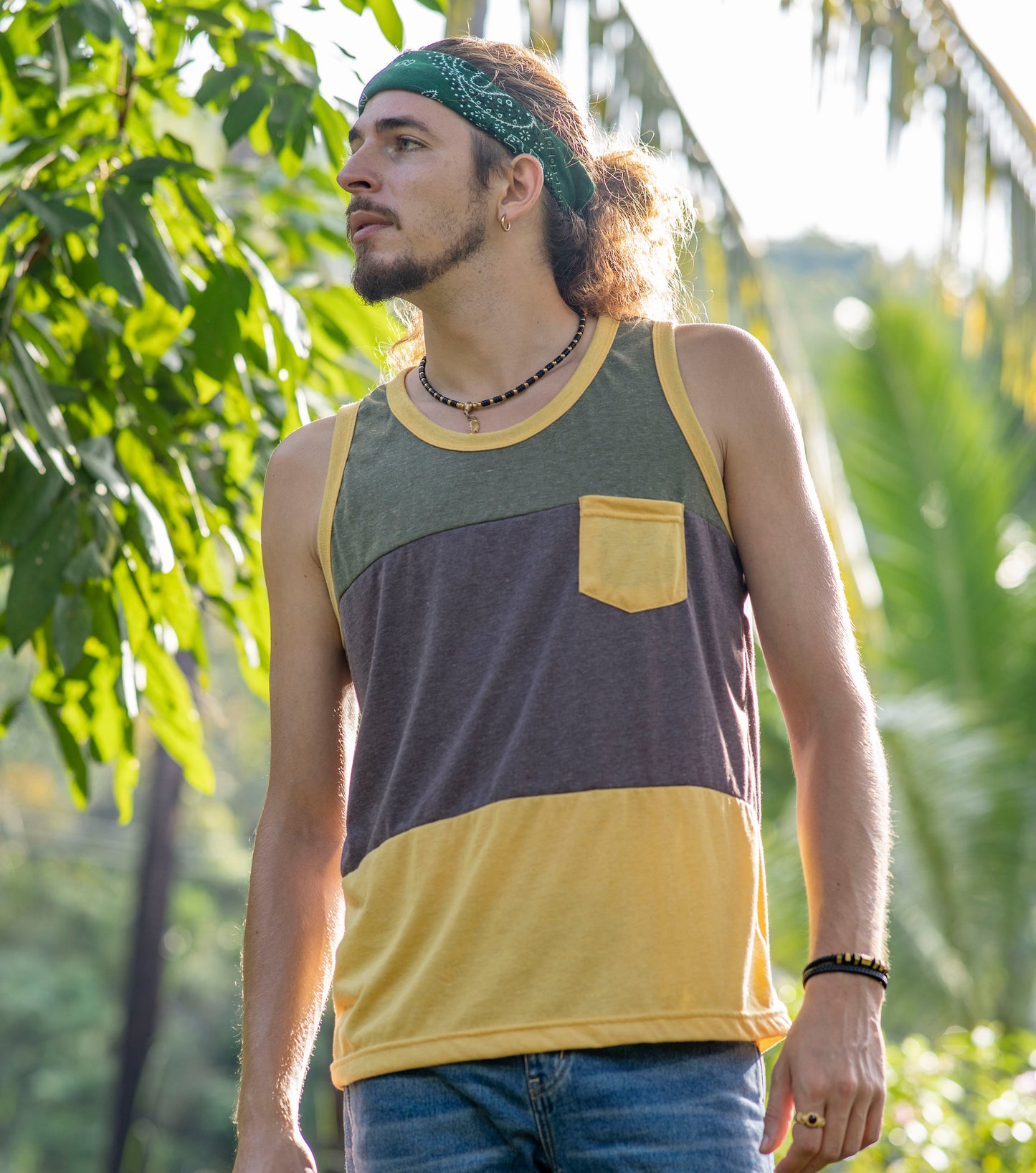 Tri-color tank top with chest pocket for men in yellow