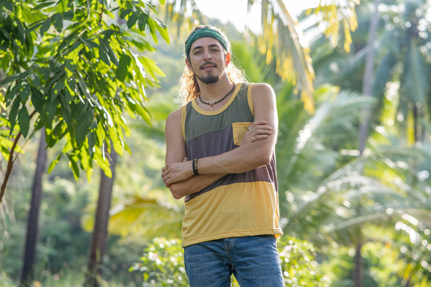 Tri-color tank top with chest pocket for men in yellow