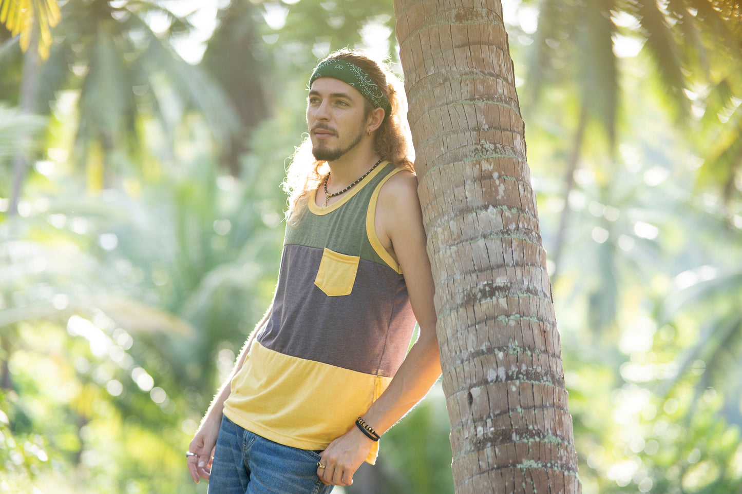 Tri-color tank top with chest pocket for men in yellow