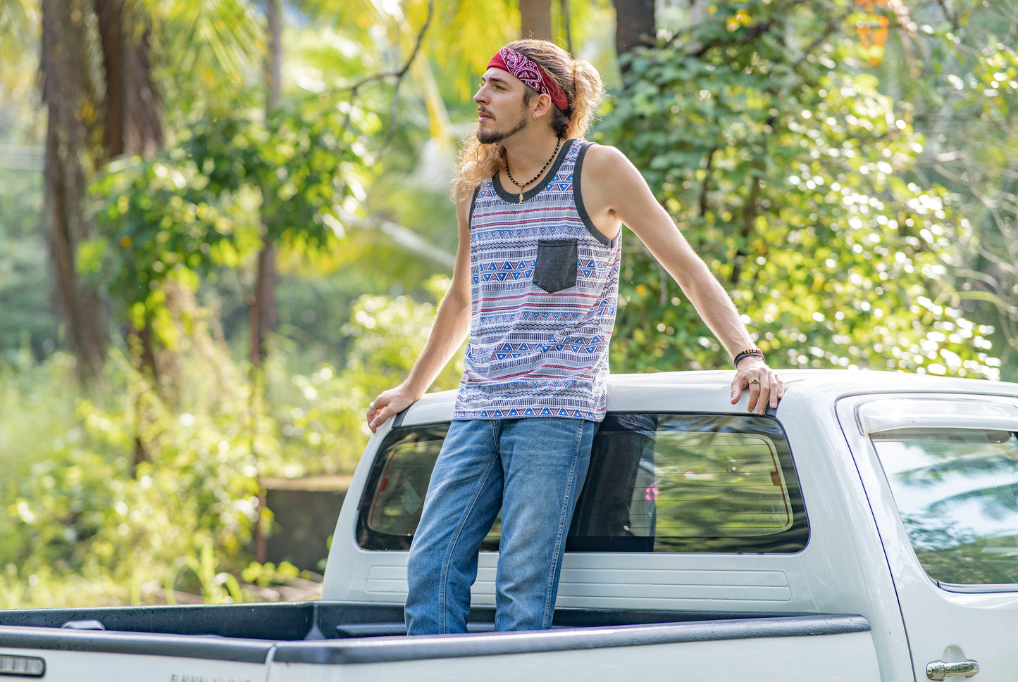 colorful patterned tank top for men with chest pocket in red white blue