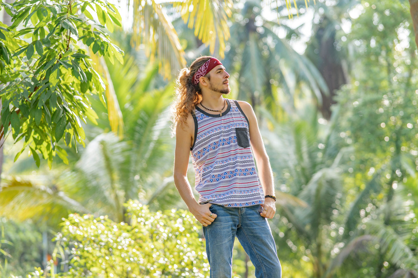 colorful patterned tank top for men with chest pocket in red white blue