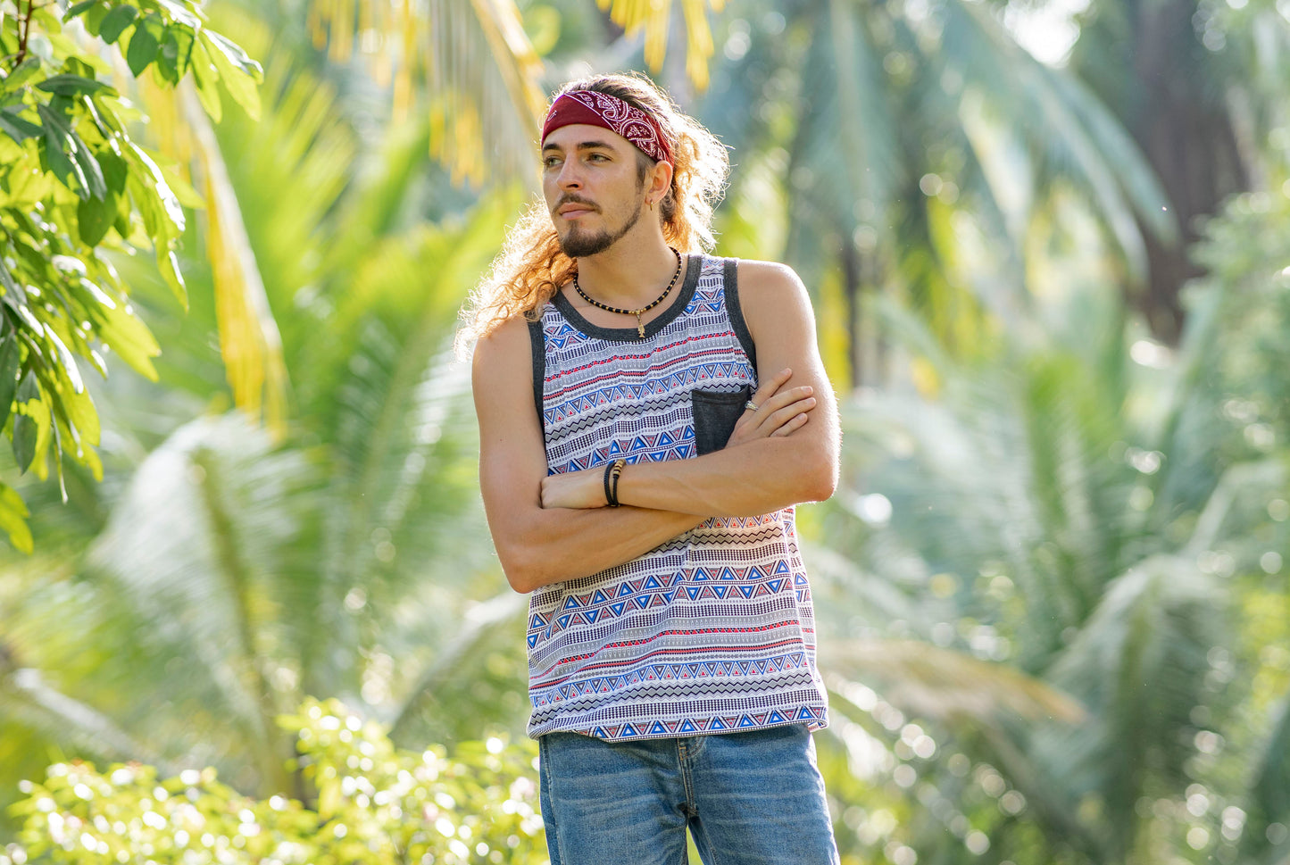 colorful patterned tank top for men with chest pocket in red white blue