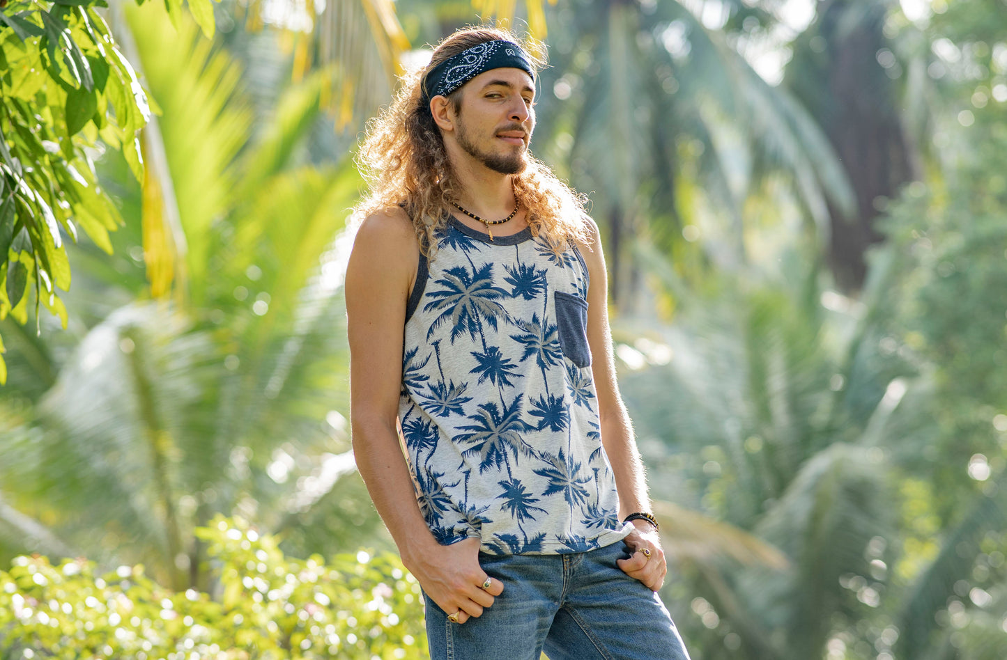 Tank top for men with chest pocket with palm trees in gray blue