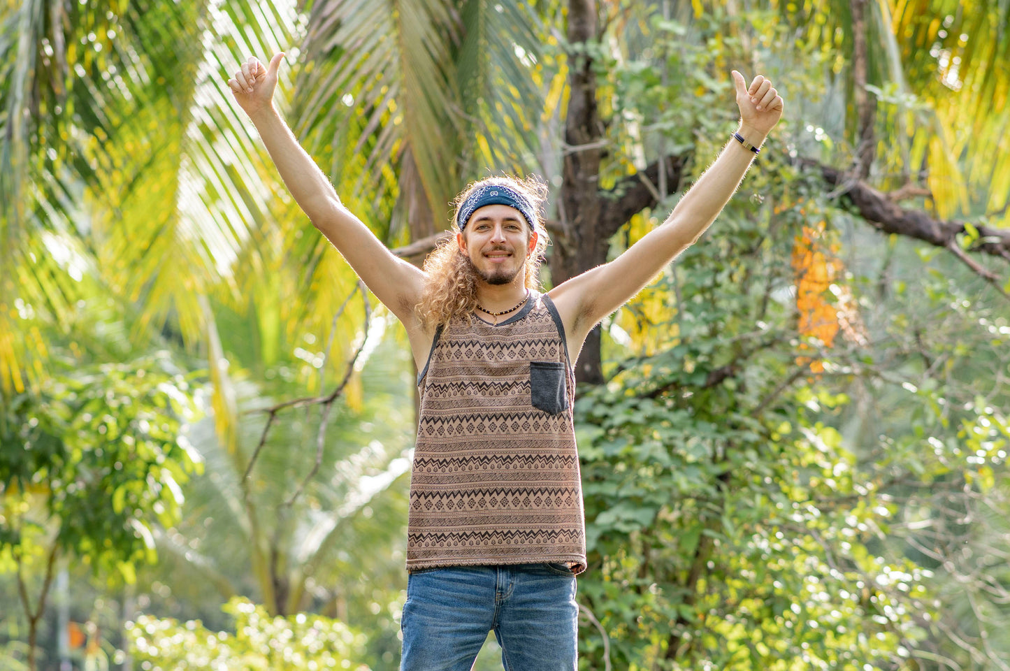 brown patterned tank top for men with chest pocket