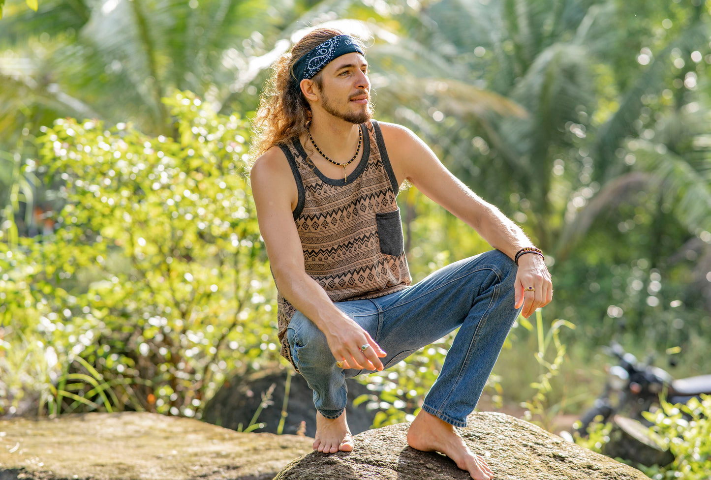 brown patterned tank top for men with chest pocket