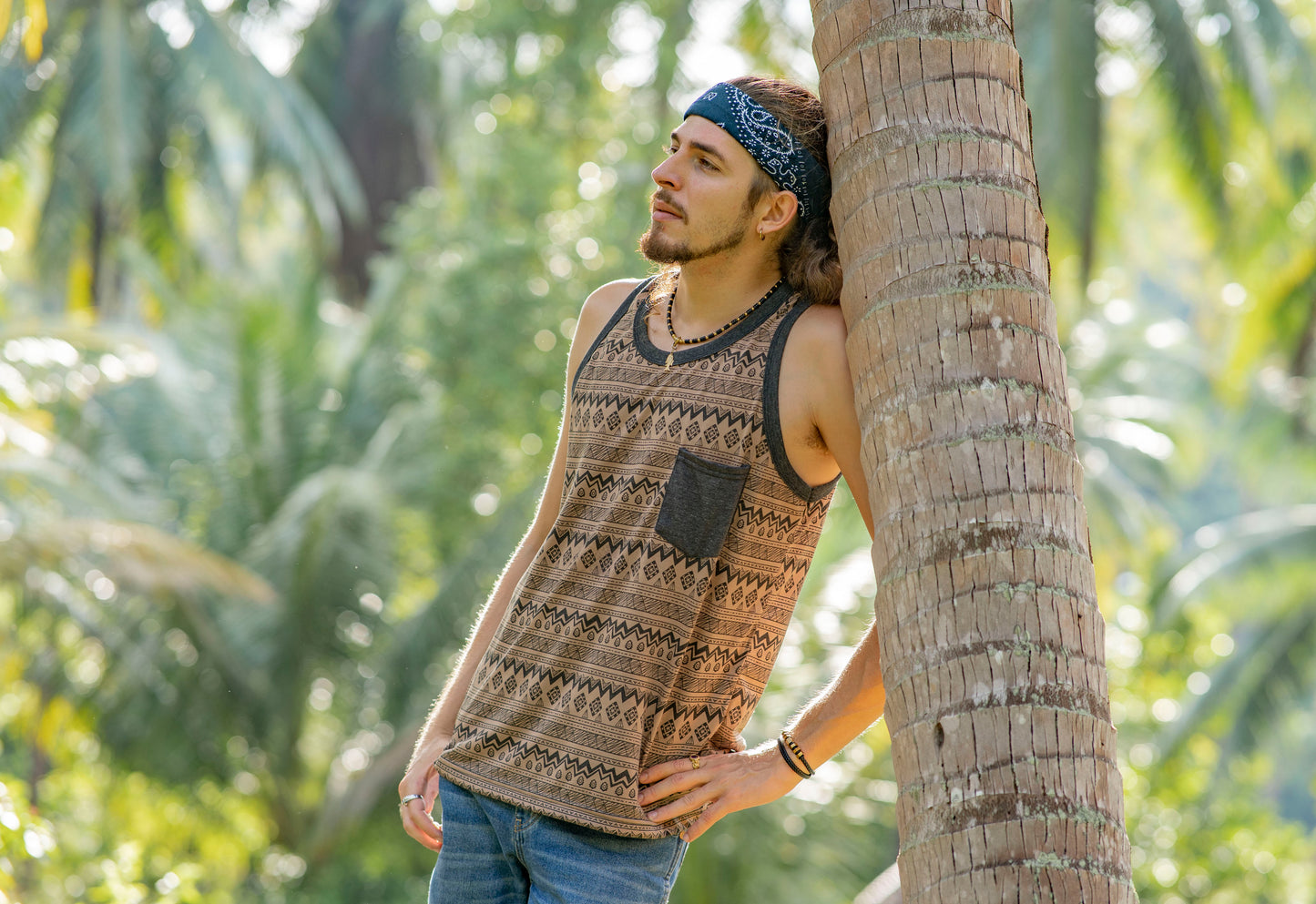 brown patterned tank top for men with chest pocket