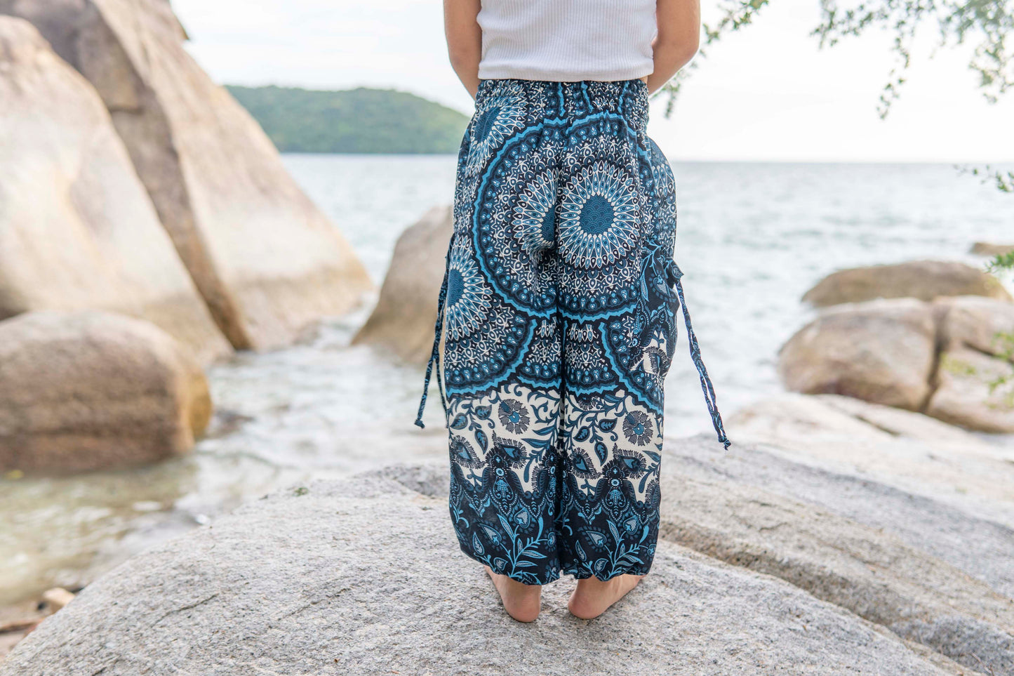 patterned harem pants with mandala pattern in blue and white for children