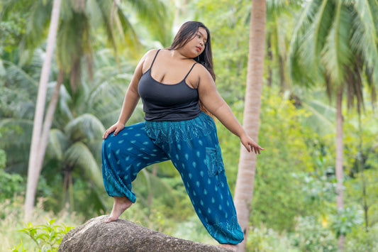 PLUS SIZE airy patterned harem pants in turquoise with pockets
