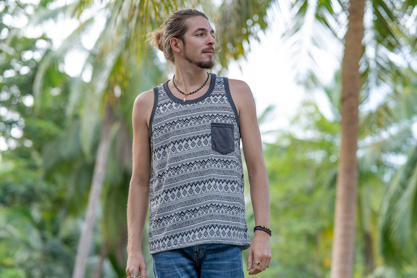 gray patterned tank top for men with chest pocket