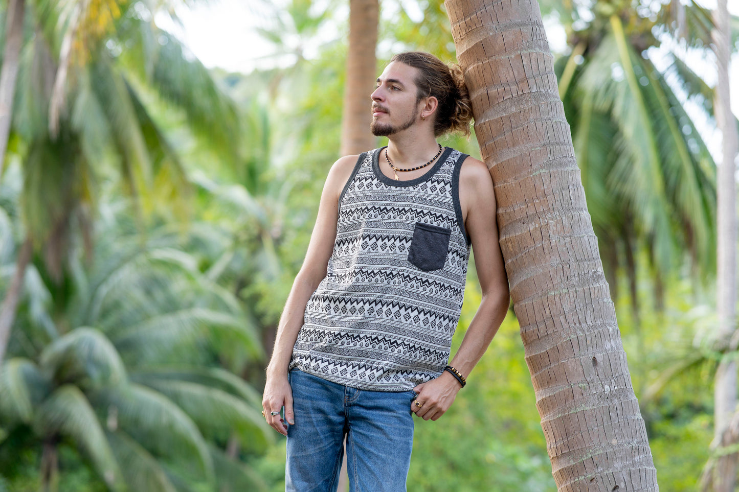 gray patterned tank top for men with chest pocket