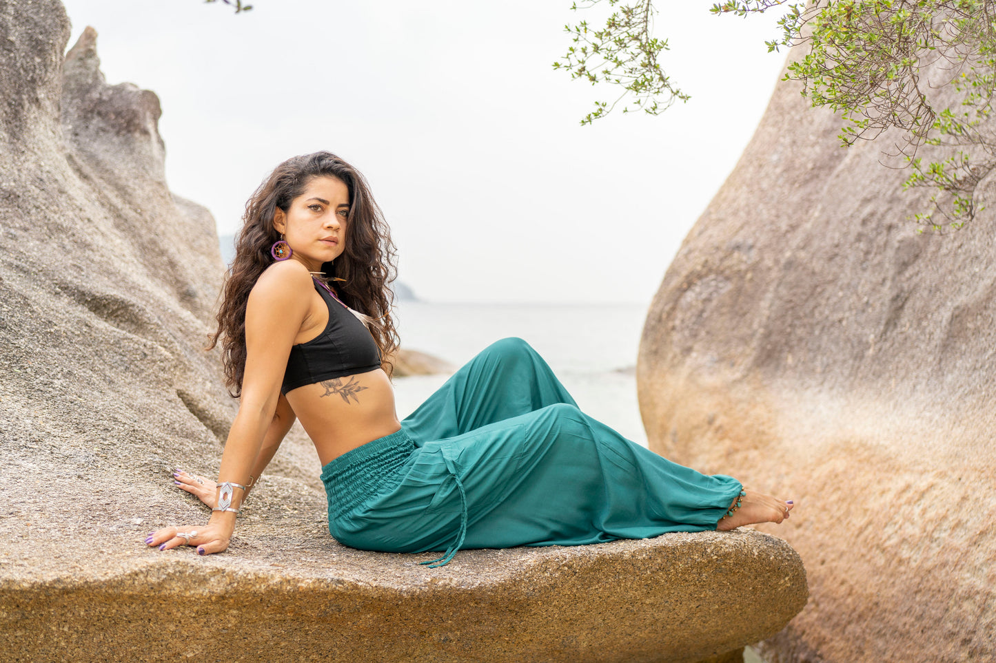 luftige einfarbige Pluderhose in türkis